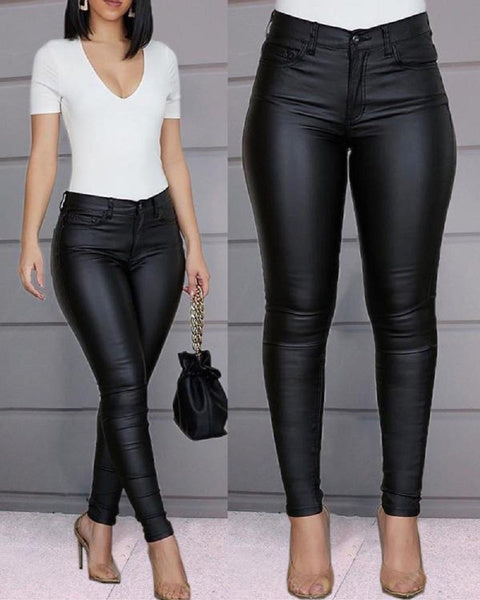 Stylish PU Leather Pants for Women, Slim-Fit Trousers, Solid Color Casual Tights