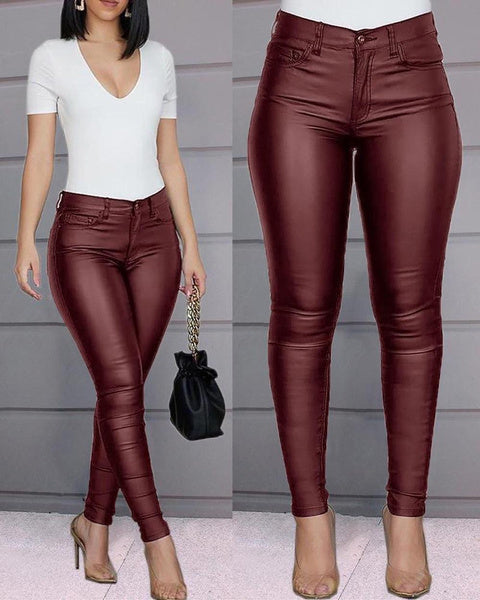 Stylish PU Leather Pants for Women, Slim-Fit Trousers, Solid Color Casual Tights