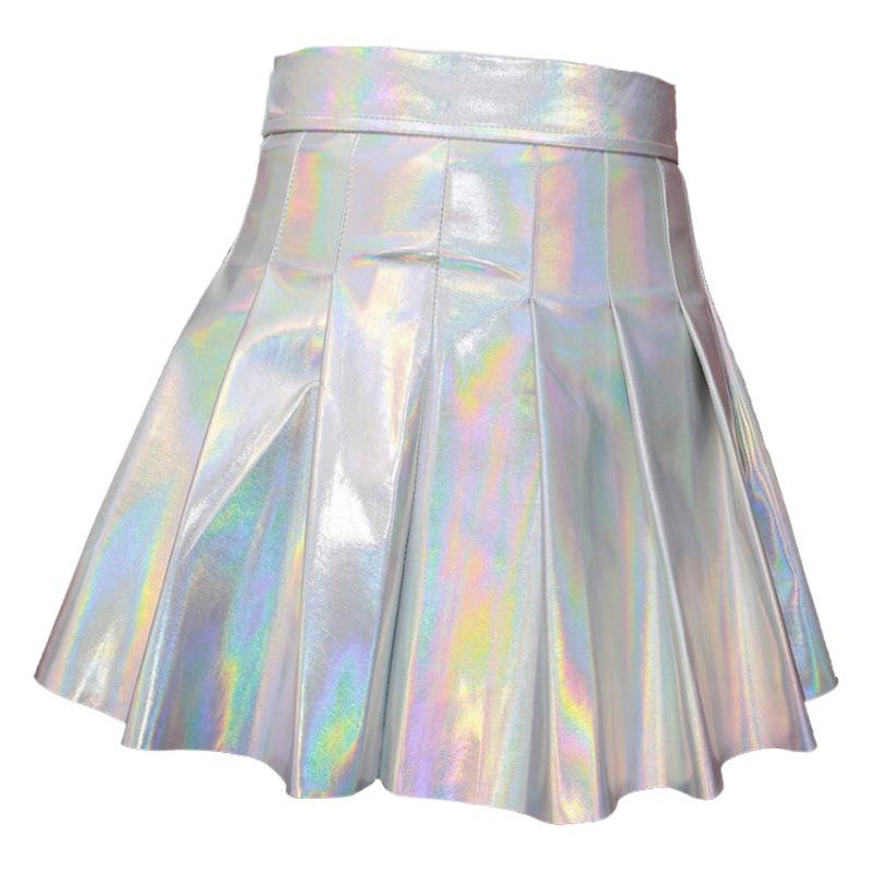 PU Leather Cheerleader Outfit Women's Hip Hop Dance Costume with Laser Print Cotton T-Shirt and Skirt Set