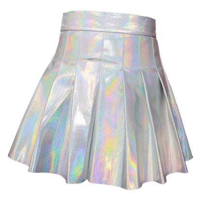 PU Leather Cheerleader Outfit Women's Hip Hop Dance Costume with Laser Print Cotton T-Shirt and Skirt Set