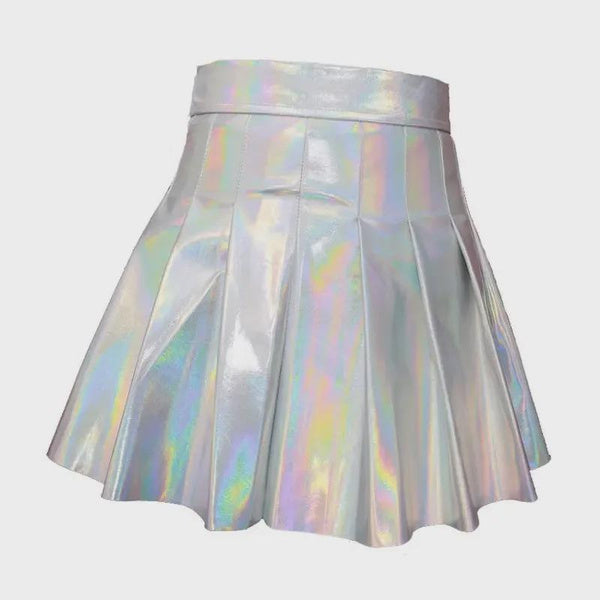 PU Leather Cheerleader Outfit Women's Hip Hop Dance Costume with Laser Print Cotton T-Shirt and Skirt Set