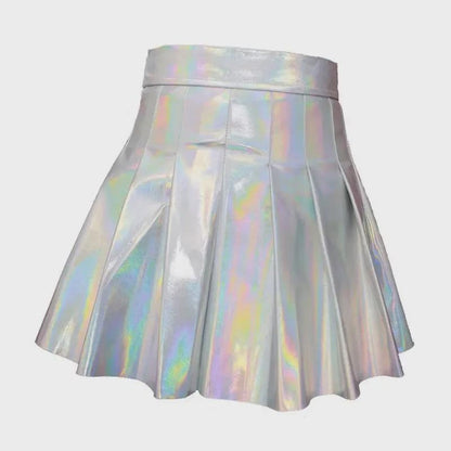 PU Leather Cheerleader Outfit Women's Hip Hop Dance Costume with Laser Print Cotton T-Shirt and Skirt Set