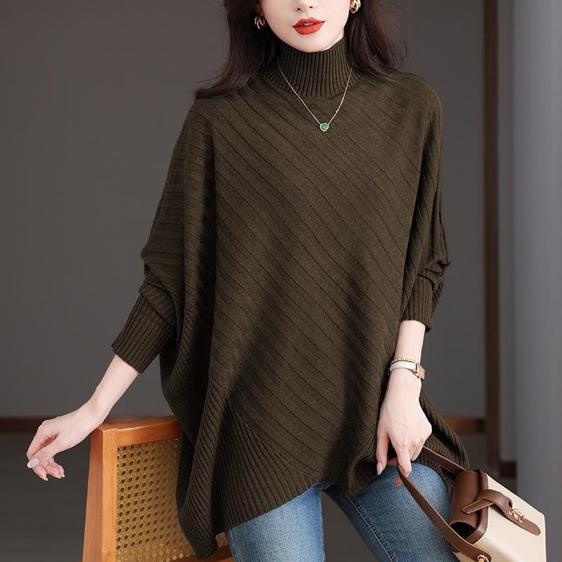 Oversized High Neck Sweater for Women - Loose Fit Drop Shoulder Design with Asymmetrical Hem