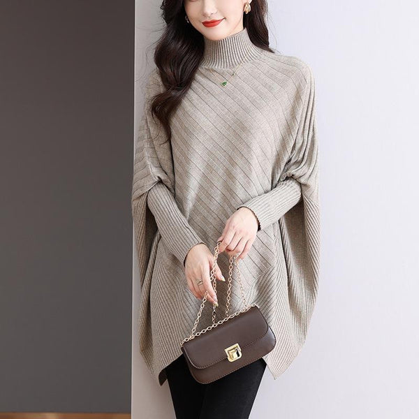 Oversized High Neck Sweater for Women - Loose Fit Drop Shoulder Design with Asymmetrical Hem