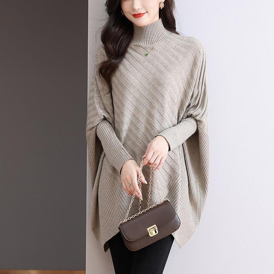Oversized High Neck Sweater for Women - Loose Fit Drop Shoulder Design with Asymmetrical Hem