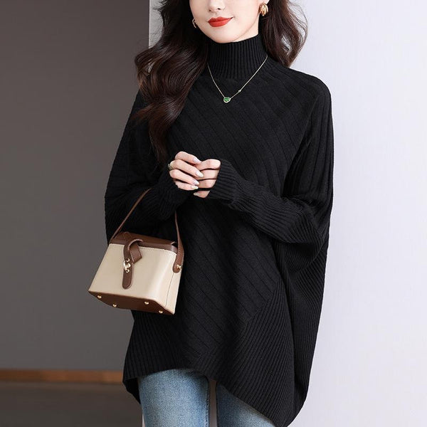 Oversized High Neck Sweater for Women - Loose Fit Drop Shoulder Design with Asymmetrical Hem
