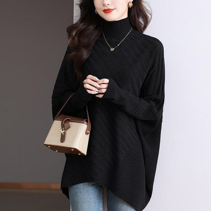 Oversized High Neck Sweater for Women - Loose Fit Drop Shoulder Design with Asymmetrical Hem