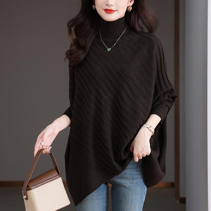 Oversized High Neck Sweater for Women - Loose Fit Drop Shoulder Design with Asymmetrical Hem