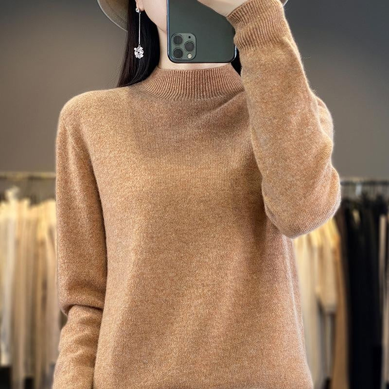 Women's One-Piece Knit Cashmere Sweater Semi-Turtleneck Loose Fit Pullover Long Sleeve Top