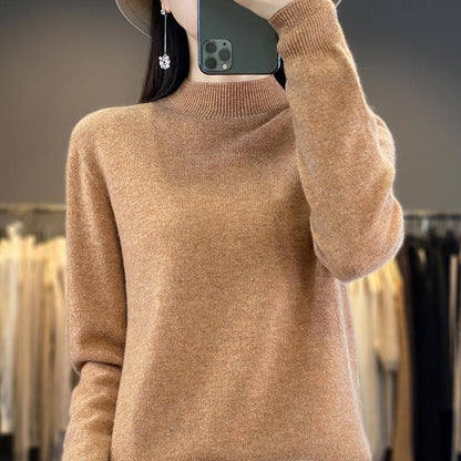 Women's One-Piece Knit Cashmere Sweater Semi-Turtleneck Loose Fit Pullover Long Sleeve Top