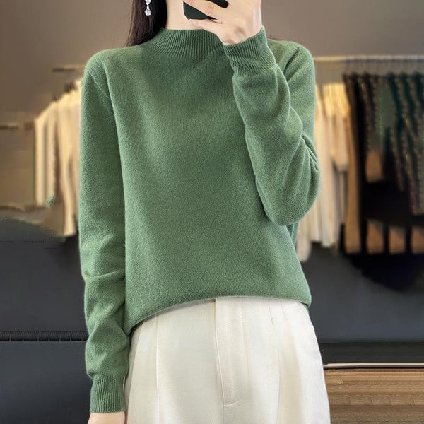 Women's One-Piece Knit Cashmere Sweater Semi-Turtleneck Loose Fit Pullover Long Sleeve Top