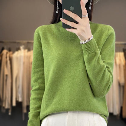 Women's One-Piece Knit Cashmere Sweater Semi-Turtleneck Loose Fit Pullover Long Sleeve Top