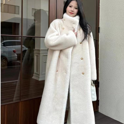 Luxury Faux Fur Coat with Stand Collar, Plush Fleece Lining, and Elegant Long Winter Jacket for Women
