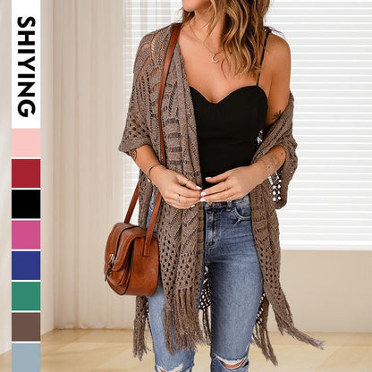 Elegant Longline Fringe Knit Cardigan with Distressed Details & Openwork Design