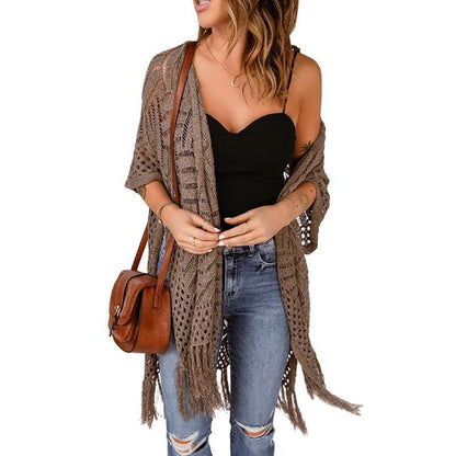 Elegant Longline Fringe Knit Cardigan with Distressed Details & Openwork Design