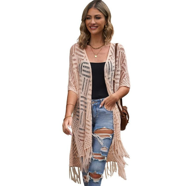 Elegant Longline Fringe Knit Cardigan with Distressed Details & Openwork Design