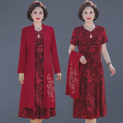 Elegant Chinese Style Red Cheongsam Dress Set for Mother of the Bride Wedding Banquet Attire