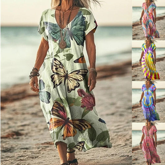 Vintage Shuttle Print Summer Dress with Sleeves, V-Neck Casual Flowy Dress