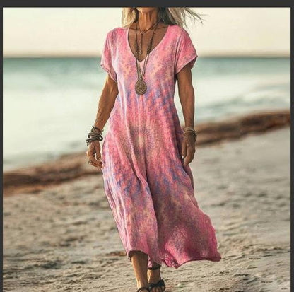 Vintage Shuttle Print Summer Dress with Sleeves, V-Neck Casual Flowy Dress