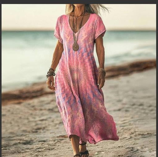 Vintage Shuttle Print Summer Dress with Sleeves, V-Neck Casual Flowy Dress