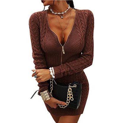Elegant V-Neck Knit Dress with Front Zipper | Slim Fit Long Sweater Dress for Women