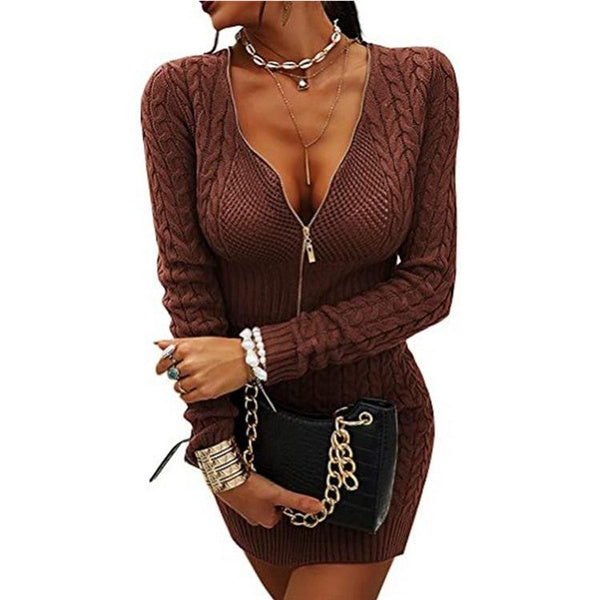 Elegant V-Neck Knit Dress with Front Zipper | Slim Fit Long Sweater Dress for Women