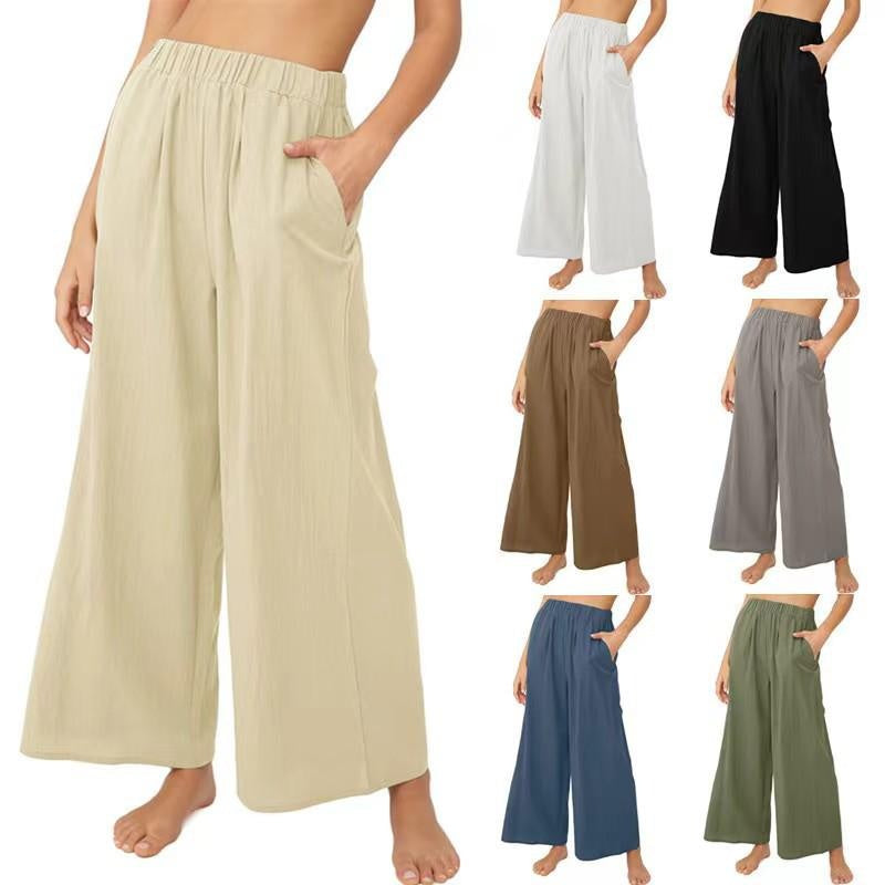 Linen Blend High Waist Wide Leg Pants for Women - Loose Fit Casual Trousers