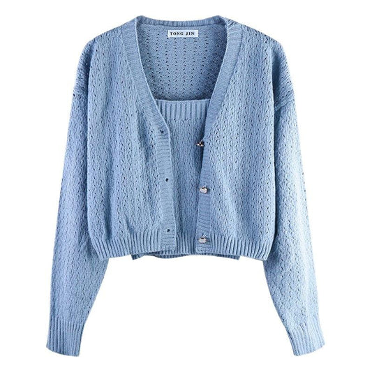 Chunky Knit Sweater Vest Top with Matching Cardigan Two Piece Set