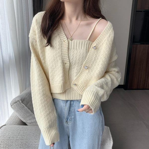 Chunky Knit Sweater Vest Top with Matching Cardigan Two Piece Set