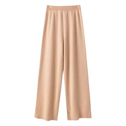 Pure Wool Wide Leg Pants for Women - High Waist Trousers with Flowy Straight Cut & Knitted Texture