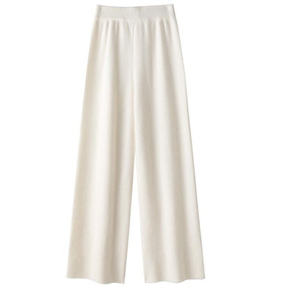 Pure Wool Wide Leg Pants for Women - High Waist Trousers with Flowy Straight Cut & Knitted Texture