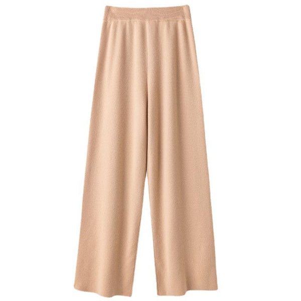 Pure Wool Wide Leg Pants for Women - High Waist Trousers with Flowy Straight Cut & Knitted Texture