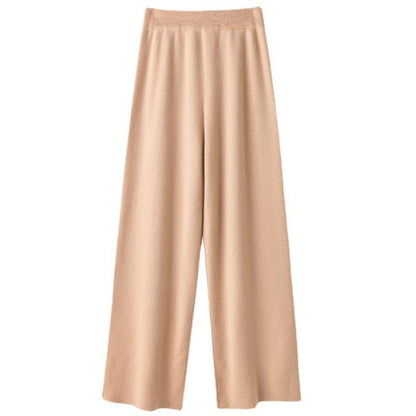 Pure Wool Wide Leg Pants for Women - High Waist Trousers with Flowy Straight Cut & Knitted Texture