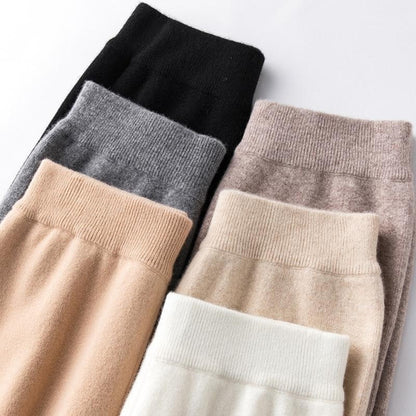 Pure Wool Wide Leg Pants for Women - High Waist Trousers with Flowy Straight Cut & Knitted Texture