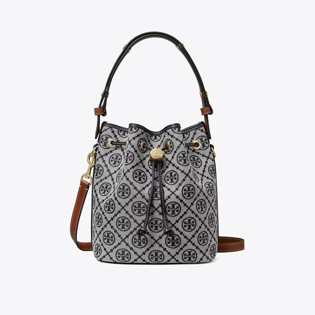 Vintage Crystal-Embroidered Monogram Bucket Bag | Adjustable Drawstring & Detachable Strap