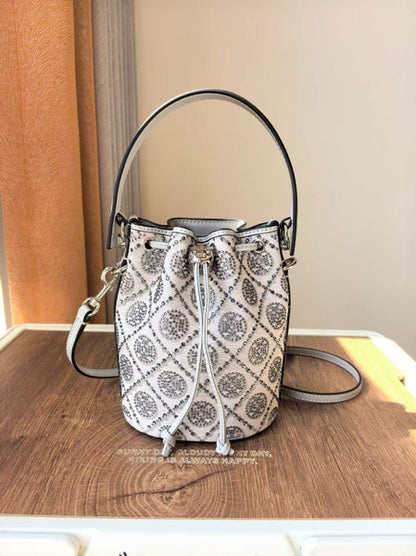 Vintage Crystal-Embroidered Monogram Bucket Bag | Adjustable Drawstring & Detachable Strap
