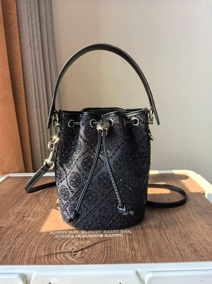 Vintage Crystal-Embroidered Monogram Bucket Bag | Adjustable Drawstring & Detachable Strap