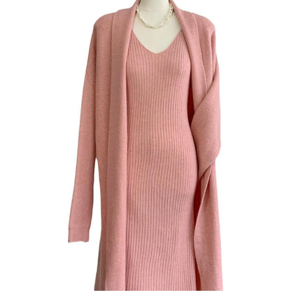 Elegant Knit Set: Sleeveless Dress & Long Cardigan Coat, Women's Autumn Winter Outfit