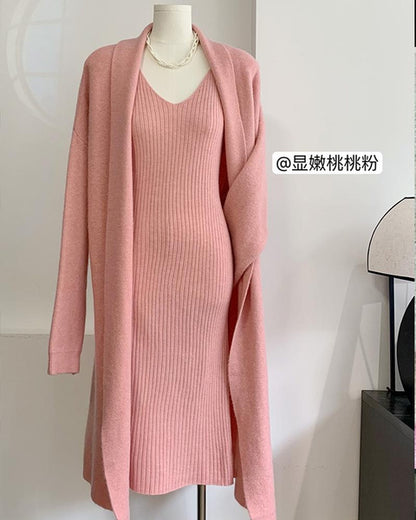 Elegant Knit Set: Sleeveless Dress & Long Cardigan Coat, Women's Autumn Winter Outfit