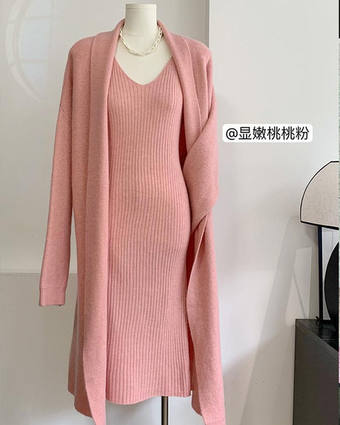 Elegant Knit Set: Sleeveless Dress & Long Cardigan Coat, Women's Autumn Winter Outfit