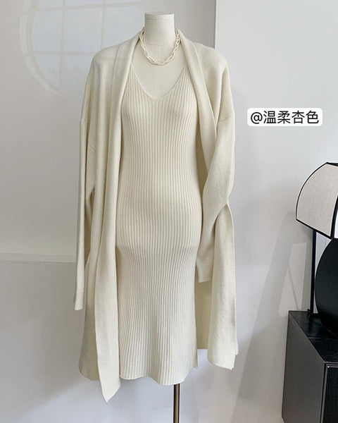 Elegant Knit Set: Sleeveless Dress & Long Cardigan Coat, Women's Autumn Winter Outfit