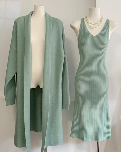 Elegant Knit Set: Sleeveless Dress & Long Cardigan Coat, Women's Autumn Winter Outfit
