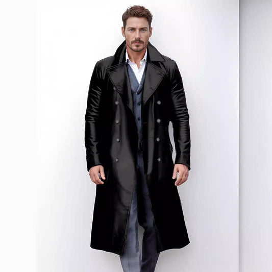 Men's Long PU Leather Trench Coat Double-Breasted Military Style Jacket