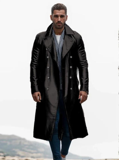 Men's Long PU Leather Trench Coat Double-Breasted Military Style Jacket