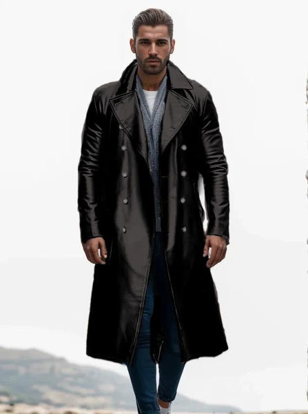 Men's Long PU Leather Trench Coat Double-Breasted Military Style Jacket