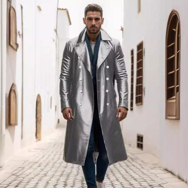 Men's Long PU Leather Trench Coat Double-Breasted Military Style Jacket
