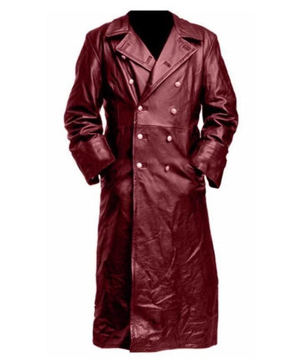 Men's Long PU Leather Trench Coat Double-Breasted Military Style Jacket