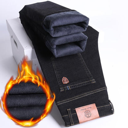 Men's Fleece-Lined Jeans Winter Warm Relaxed Fit Straight Leg Business Casual Trousers