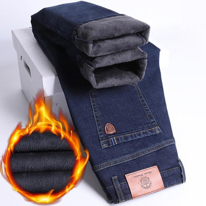 Men's Fleece-Lined Jeans Winter Warm Relaxed Fit Straight Leg Business Casual Trousers