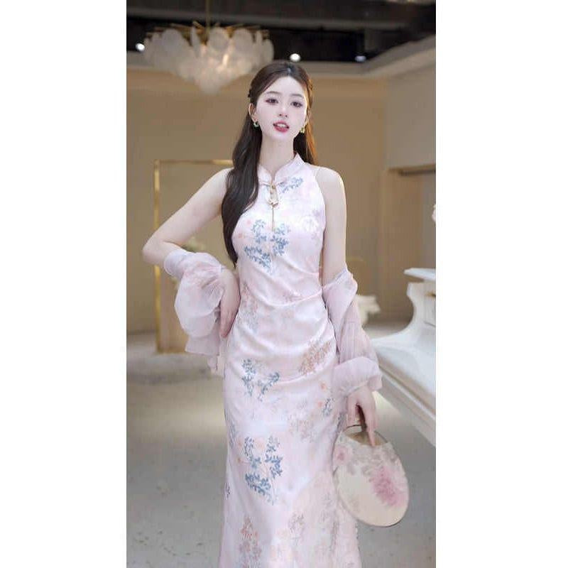 Elegant Sleeveless Cheongsam Dress Set | Modern Chinese Style Floral Print & Waist-Defining Midi Dress